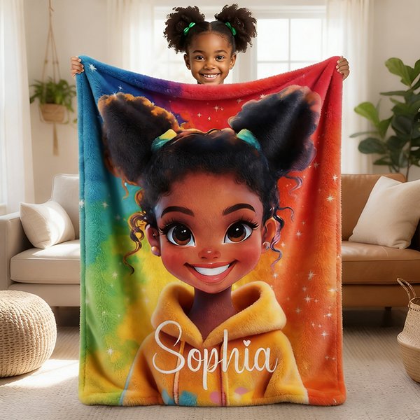 Personalized Dazzling Black Little Girl Soft Throw Blanket with Name Home Decor Birthday Gift for Black Girls