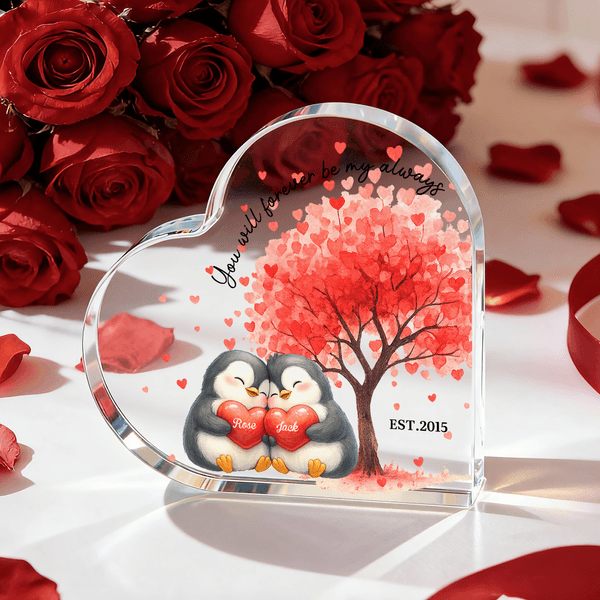 Personalised Love Tree Cute Penguin Heart Acrylic Plaque with Name and Date Home Decor Valentine's Day Anniversary Gift for Couples