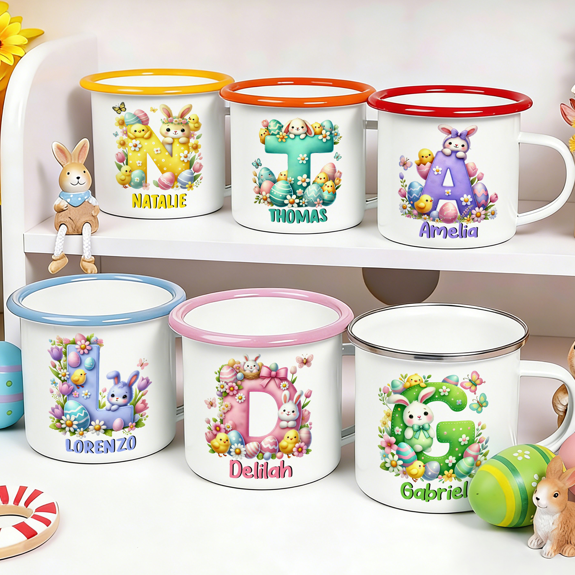 Mug en émail 12 oz avec nom Oeuf de Pâques Cartoon Rabbit Flowers Multicolor Cadeau d'anniversaire de Pâques pour Garçons Filles