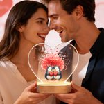 Personalized Cartoon Couple Penguin Heart Acrylic LED Night Light with Title and Wooden Base Home Decor Valentine's Day Anniversary Gift for Couple