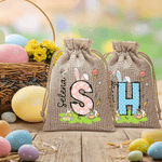 Personalized Cute Floral Bunny Initial Easter Egg Drawstring Candy Gift Bag with Initial and Name Easter Holiday Party Gift for Boys Girls