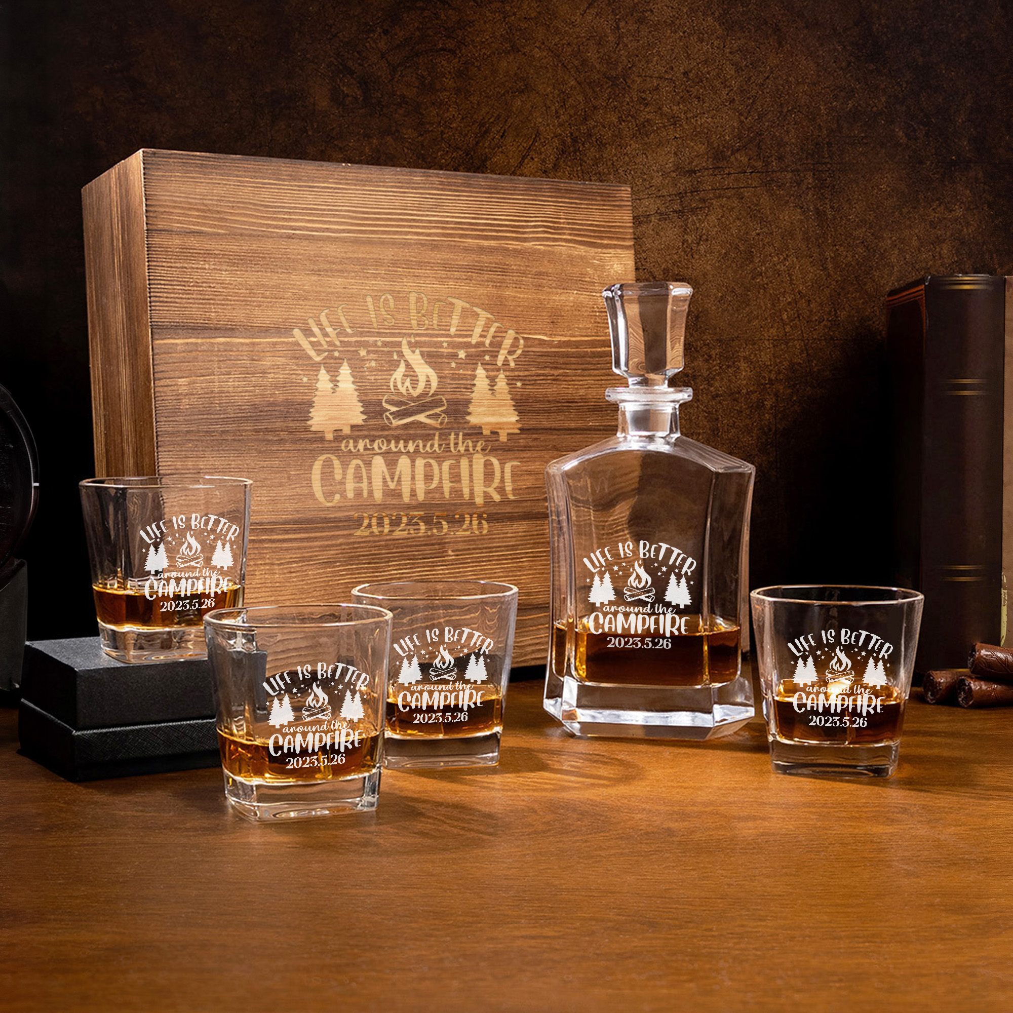 Decanter per whisky personalizzato Bonfire Campervan con nome inciso Regalo di compleanno per la festa del papà per gli amici baristi