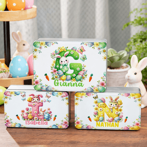 Personalized Cute Cartoon Bunny Easter Eggs Food Grade Metal Biscuit Tin Storage Box with Name Easter Gift for Family Kids