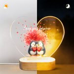 Personalized Cartoon Couple Penguin Heart Acrylic LED Night Light with Title and Wooden Base Home Decor Valentine's Day Anniversary Gift for Couple