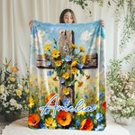 Personalized Oil Painting Style Cross Flower Soft Throw Blanket with Name Christian Birthday Easter Gift for Christians