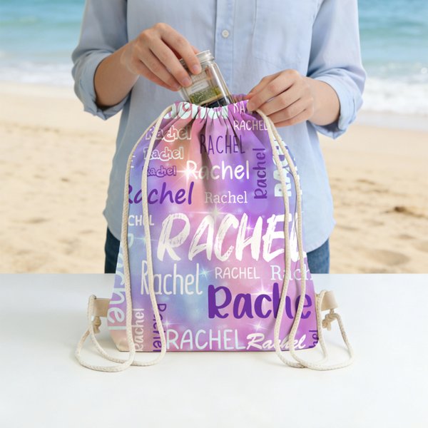 Personalized Gradient Color Word Cloud Drawstring Beach Backpack with Name Beach Party Birthday Gift for Kids Adults
