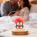 Personalized Cartoon Couple Penguin Heart Acrylic LED Night Light with Title and Wooden Base Home Decor Valentine's Day Anniversary Gift for Couple