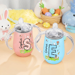 Personalized Floral Bunny Ears Initial Easter Egg 10 oz Insulated Sippy Cup with Name and Handle Baby Shower Birthday Gift for Toddlers Kids