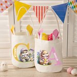 Personalized Cute Rabbit Flower Bunny Ears Reusable Easter Basket with Initial and Name Egg Hunting Accessories Easter Gift for Boys Girls