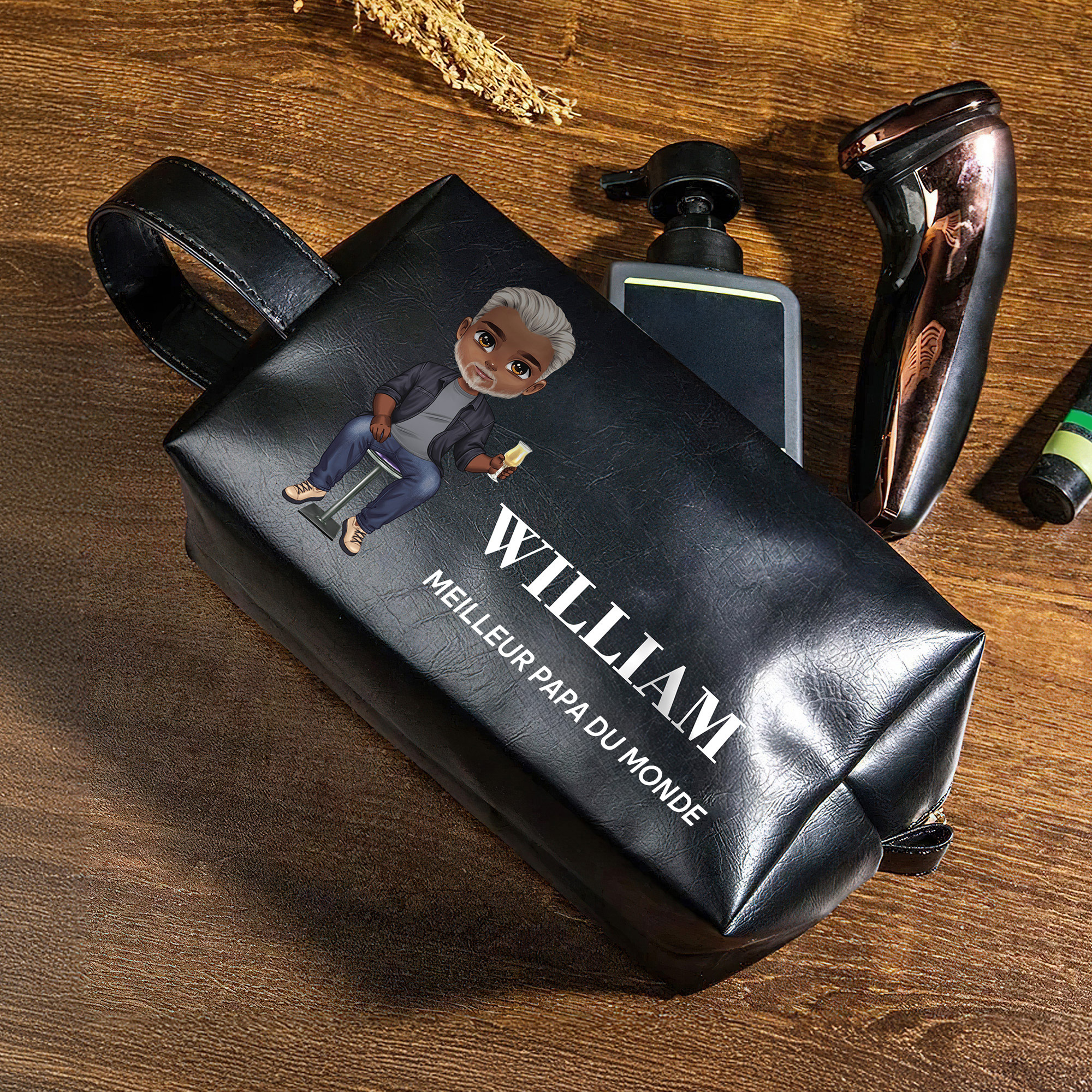 Trousse de Toilette en Cuir PU Personnalisée avec Personnage Dessin Animé Nom et Texte Cadeau Anniversaire Noël pour Homme Père