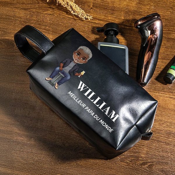 Trousse de Toilette en Cuir PU Personnalisée avec Personnage Dessin Animé Nom et Texte Cadeau Anniversaire Noël pour Homme Père