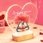 Personalized Cartoon Couple Penguin Heart Acrylic LED Night Light with Title and Wooden Base Home Decor Valentine's Day Anniversary Gift for Couple