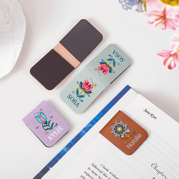 Personalized Folk Art Flower  PU Leather Bookmark Clip with Name Reading Birthday Gift for Book Lovers Bookworms