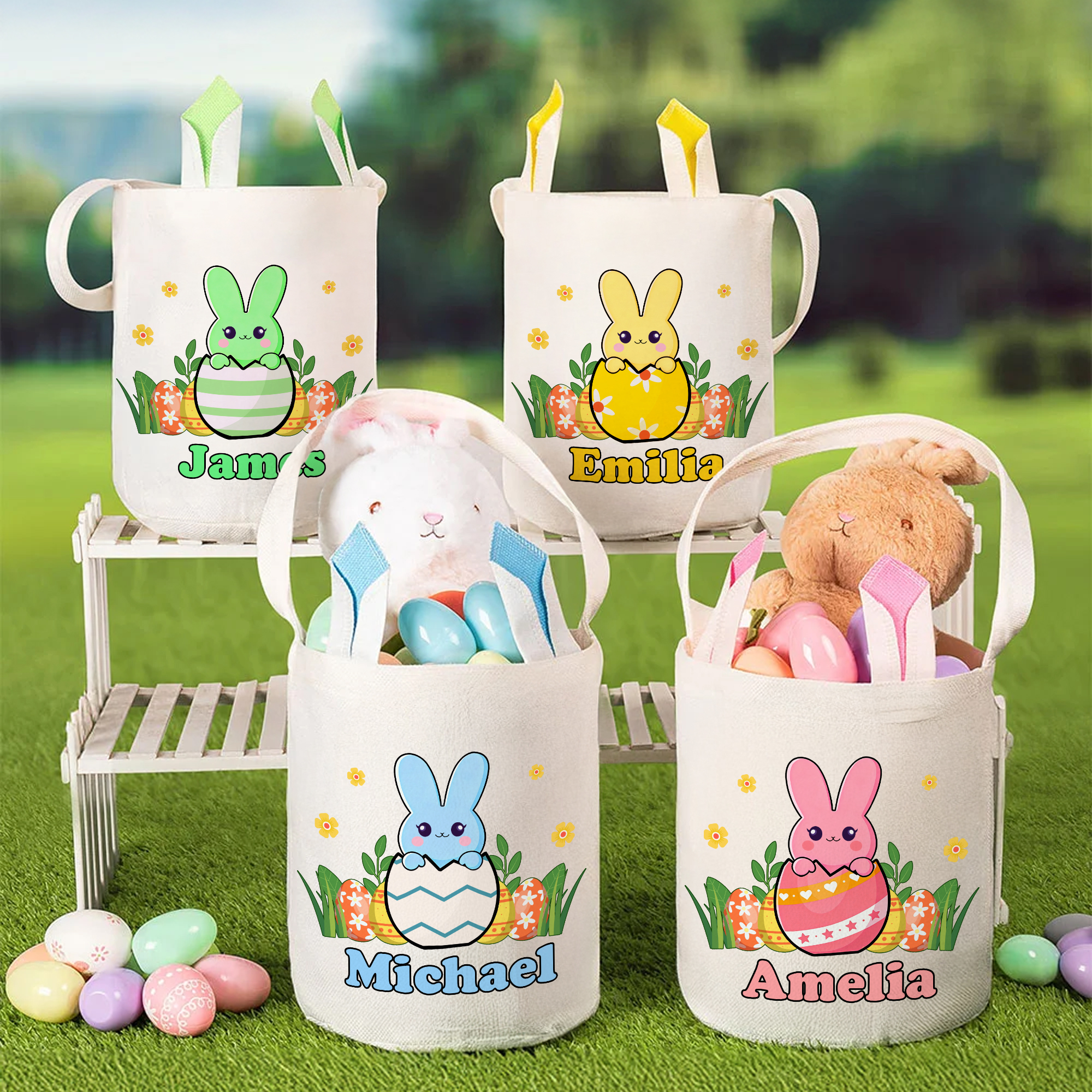 Panier de lapin de Pâques personnalisé avec nom Oeufs de Pâques Fête de la chasse Cadeau pour Garçons Filles
