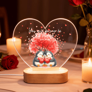 Coppia di cartoni animati personalizzati Penguin Heart Luce notturna a LED in acrilico con titolo e base in legno Home Decor Regalo di San Valentino Anniversario per coppia
