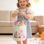 Personalized Cute Rabbit Flower Bunny Ears Reusable Easter Basket with Initial and Name Egg Hunting Accessories Easter Gift for Boys Girls