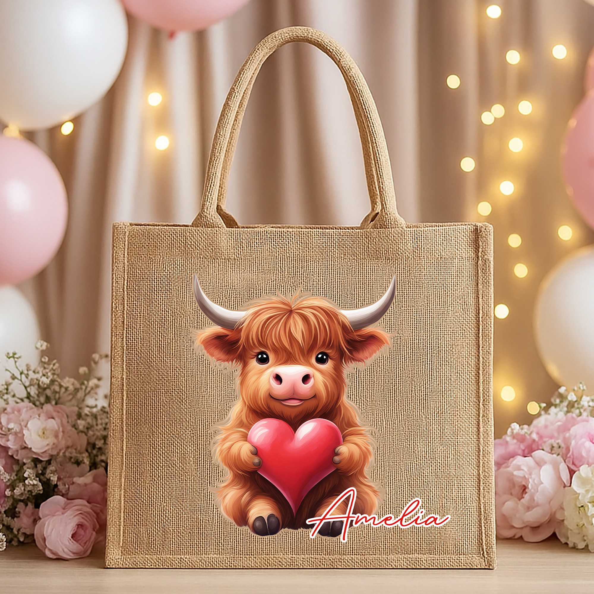Sac en toile de jute avec nom pour la Saint Valentin Cadeau d'anniversaire pour la famille, l'ami ou l'amoureuse de la vache