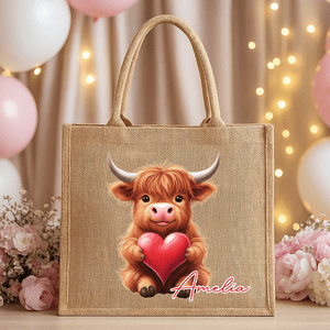 Personalized Cute Love Heart Highland Cow Large Jute Bag with Name Valentine's Day Birthday Gift for Family Friend Cow Lover