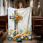 Personalized Oil Painting Style Cross Flower Soft Throw Blanket with Name Christian Birthday Easter Gift for Christians