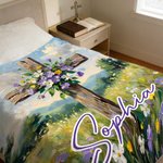 Personalized Oil Painting Style Cross Flower Soft Throw Blanket with Name Christian Birthday Easter Gift for Christians