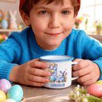 Personligt påskägg tecknad kanin blommor flerfärgad 12 oz emaljmugg med namn påskfödelsedagspresent för pojkar flickor