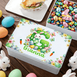 Personalised Cute Cartoon Bunny Easter Eggs Food Grade Metal Biscuit Tin Storage Box with Name Easter Gift for Family Kids