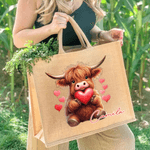 Personalized Cute Love Heart Highland Cow Large Jute Bag with Name Valentine's Day Birthday Gift for Family Friend Cow Lover