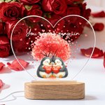 Personalized Cartoon Couple Penguin Heart Acrylic LED Night Light with Title and Wooden Base Home Decor Valentine's Day Anniversary Gift for Couple