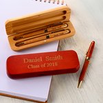 Personalized Double Wood Ballpoint Pen Set with Engraved Text and Wooden Pen Case Birthday Thank You Gift for Teacher Colloeague