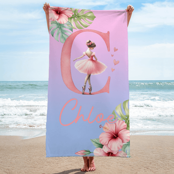 Personalised Cartoon Ballerina Girl Quick Dry Oversized Beach Towel with Initial and Name Beach Party Favor Dance Team Birthday Gift for Ballet Lovers