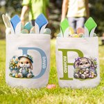 Personalized Cute Rabbit Flower Bunny Ears Reusable Easter Basket with Initial and Name Egg Hunting Accessories Easter Gift for Boys Girls