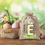 Personalized Cute Floral Bunny Initial Easter Egg Drawstring Candy Gift Bag with Initial and Name Easter Holiday Party Gift for Boys Girls