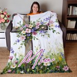 Personalized Oil Painting Style Cross Flower Soft Throw Blanket with Name Christian Birthday Easter Gift for Christians