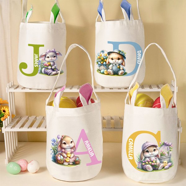 Personalized Cute Rabbit Flower Bunny Ears Reusable Easter Basket with Initial and Name Egg Hunting Accessories Easter Gift for Boys Girls