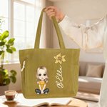 Personalizzato Carino personaggio dei cartoni animati Grande borsa Tote in velluto a coste con fiore di nascita e nome Uso quotidiano Regalo di compleanno per donne
