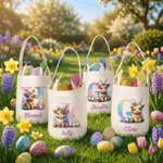 Personalised Cute Highland Cow Bunny Egg Easter Basket with Name and Bunny Ears Egg Hunting Accessory Easter Gift for Kids