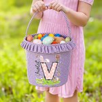 Personalised Cute Bunny Initial Flower Plaid Easter Basket with Name Easter Egg Hunt Easter Gift for Boys Girls