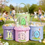 Personalised Cute Bunny Initial Flower Plaid Easter Basket with Name Easter Egg Hunt Easter Gift for Boys Girls