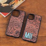 Personalizada Turquesa Western Sunflower Tooled Initials TPU Funda de teléfono para iPhone Uso diario Regalo de cumpleaños para Cowboys Vaqueras