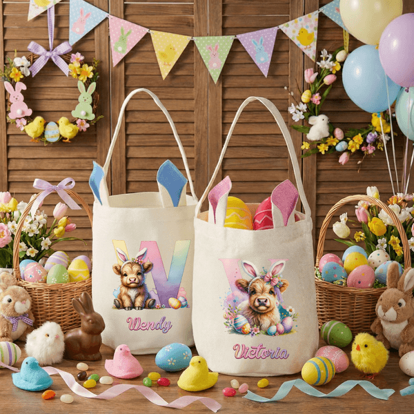 Personalised Cute Highland Cow Bunny Egg Easter Basket with Name and Bunny Ears Egg Hunting Accessory Easter Gift for Kids