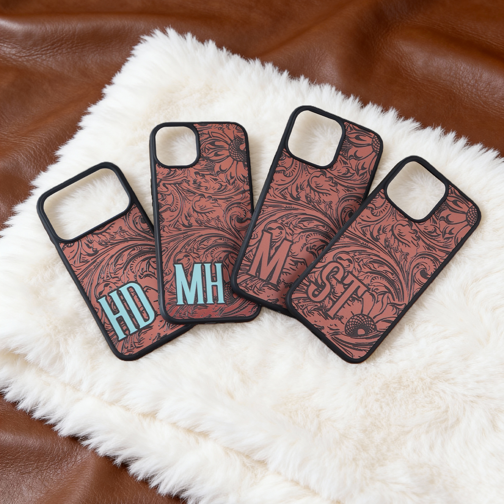 Coque personnalisée Turquoise Western Sunflower Tooled Initials TPU pour iPhone Utilisation quotidienne Cadeau d'anniversaire pour Cowboys Cowgirls