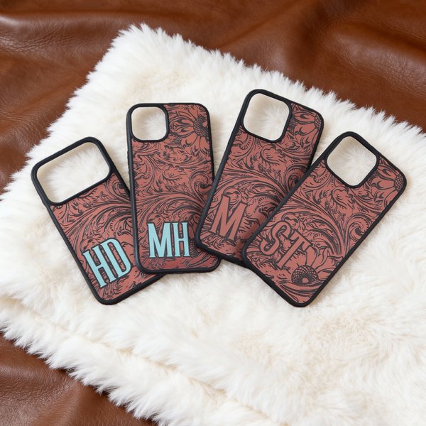 Personalizada Turquesa Western Sunflower Tooled Initials TPU Funda de teléfono para iPhone Uso diario Regalo de cumpleaños para Cowboys Vaqueras