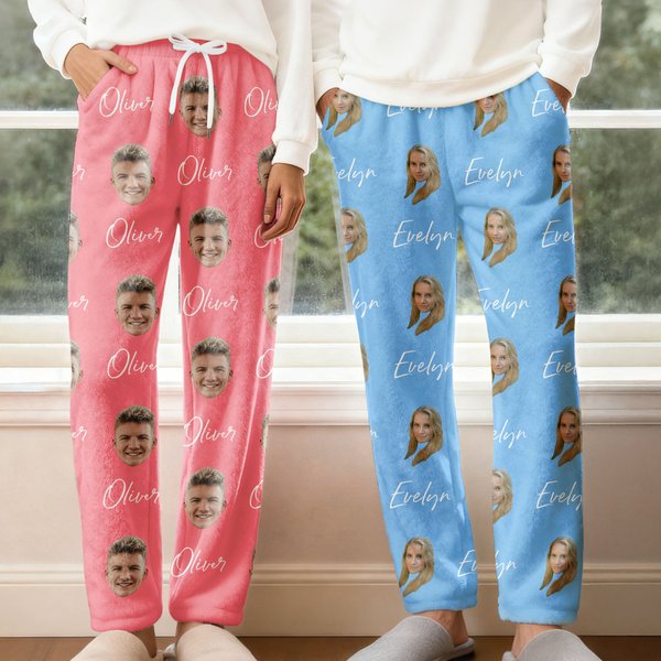 Personalized 1-3 Face Photos Soft Skin-Friendly Flannel Pajama Pants with Name and Drawstring Waistband Daily Use Birthday Gift for Family Friends