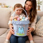 Personalised Cute Bunny Initial Flower Plaid Easter Basket with Name Easter Egg Hunt Easter Gift for Boys Girls