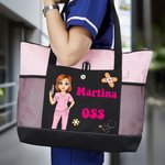 Borsa personalizzata con personaggio animato e nome, tessuto Oxford con tasca a rete - Regalo per infermiere o personale medico