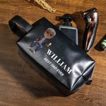 Personalised Cartoon Man Character PU Leather Toiletry Bag with Name and Text Travel Accessories Birthday Christmas Gift for Man Father