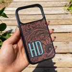 Personalizada Turquesa Western Sunflower Tooled Initials TPU Funda de teléfono para iPhone Uso diario Regalo de cumpleaños para Cowboys Vaqueras