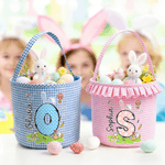 Personalised Cute Bunny Initial Flower Plaid Easter Basket with Name Easter Egg Hunt Easter Gift for Boys Girls