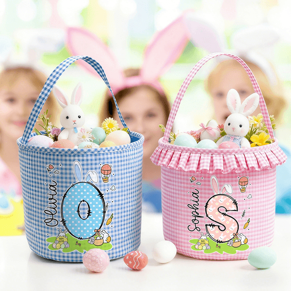 Personalized Cute Bunny Initial Flower Plaid Easter Basket with Name Easter Egg Hunt Easter Gift for Boys Girls