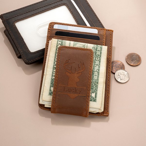 Portafoglio magnetico sottile in pelle con iniziali personalizzate e nome RFID, con testo inciso, regalo per la festa del papà.